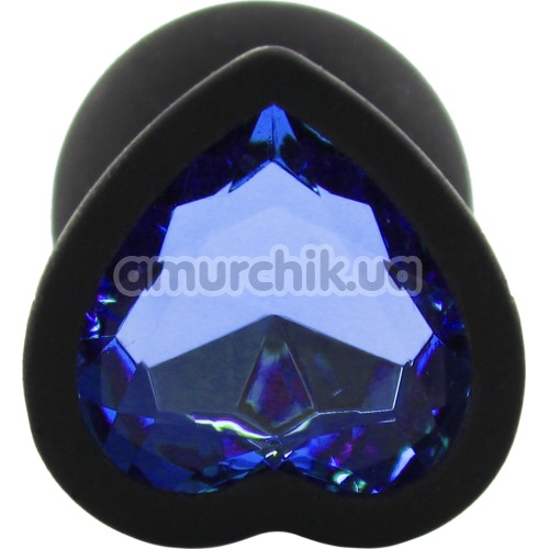 Анальная пробка с синим кристаллом Silicone Jewelled Butt Plug Heart Small, черная