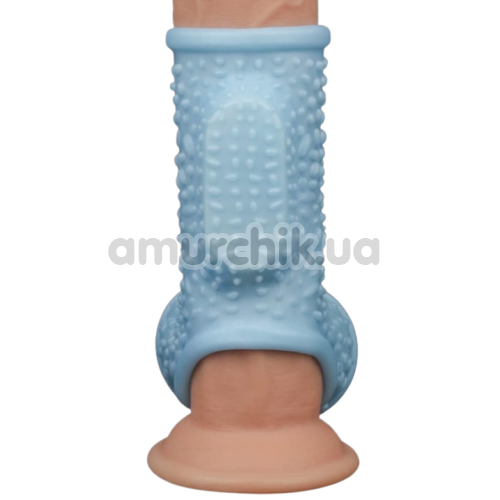 Насадка на пенис с вибрацией Knights Ring Vibrating Drip With Scrotum Sleeve, голубая