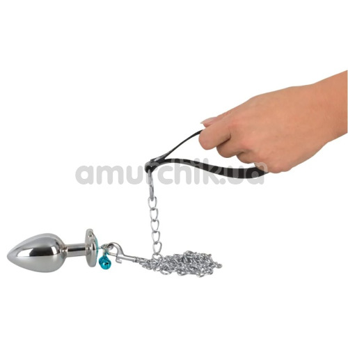 Набір з 3 анальних пробок з блакитним кристалом і повідцем Butt Plug Set With A Leash, срібний
