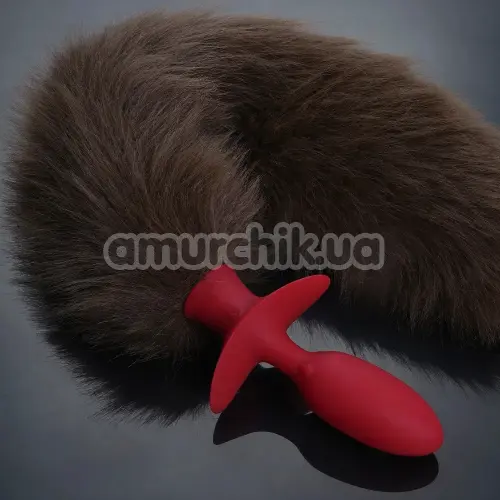 Анальная пробка с коричневым хвостиком, вибрацией и ротацией  Upko Swinging & Vibrating Anal Plug, красная