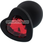 Анальная пробка с красным кристаллом Silicone Jewelled Butt Plug Heart Large, черная - Фото №1