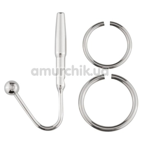Уретральная вставка с набором эрекционных колец Unbendable Sperm Stopper Hollow Ring SIN008, серебряная - Фото №1