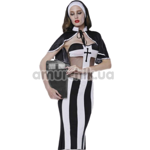 Костюм монашки JSY Nun Costume 6035 черно-белый: платье + головной убор + накидка - Фото №1