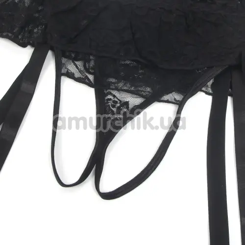 Комплект Star Night Lace Flower Set, чорний: пояс для панчіх + трусики