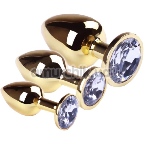 Набор из 3 анальных пробок с прозрачным кристаллом SWAROVSKI Gold Diamond, золотой