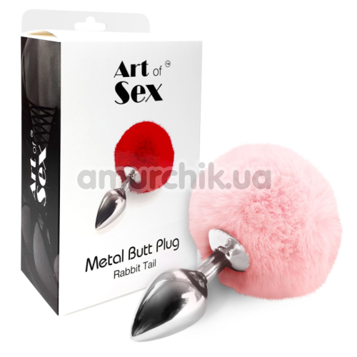 Анальна пробка з рожевим хвостиком Art Of Sex Metal Butt Plug Rabbit Tail M, срібна