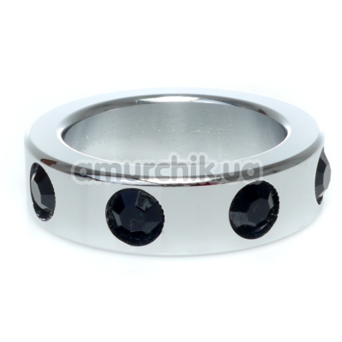 Эрекционное кольцо с черными кристаллами Boss Series Metal Ring Diamonds Medium, серебряное