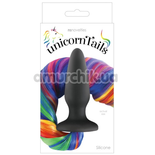 Анальна пробка з райдужним хвостом Unicorn Tails Pastel, чорна
