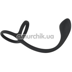 Ерекційне кільце з анальною пробкою Black Velvets Cock & Ball Ring + Plug, чорне - Фото №1