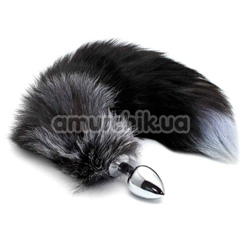 Анальна пробка з чорно-білим хвостиком Alive Anal Pleasure Black And White Fox Tail M, срібна