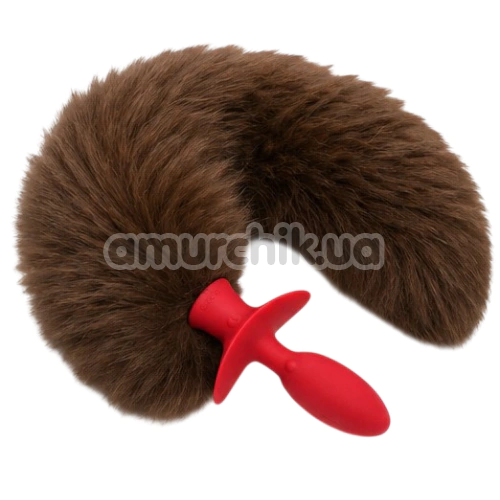Анальная пробка с коричневым хвостиком, вибрацией и ротацией  Upko Swinging & Vibrating Anal Plug, красная - Фото №1