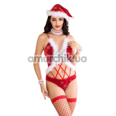 Костюм новорічний JSY Sexy Lingerie 4983, червоний: боді + головний убір + панчохи + чокер + манжети - Фото №1