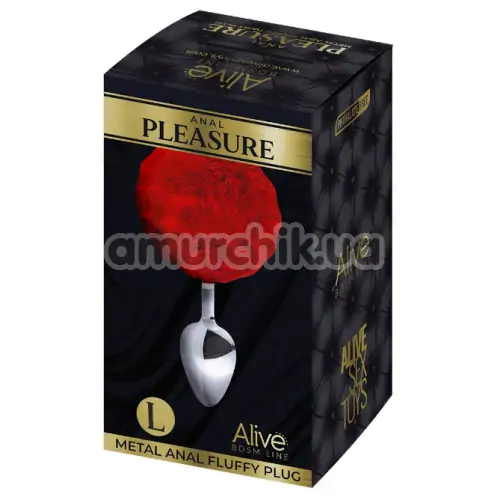 Анальна пробка з червоним хвостиком Alive Anal Pleasure Metal Anal Fluffy Plug L, срібна