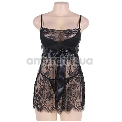 Комплект Star Night Tulle Set With T-Strings, черный: пеньюар + трусики-стринги