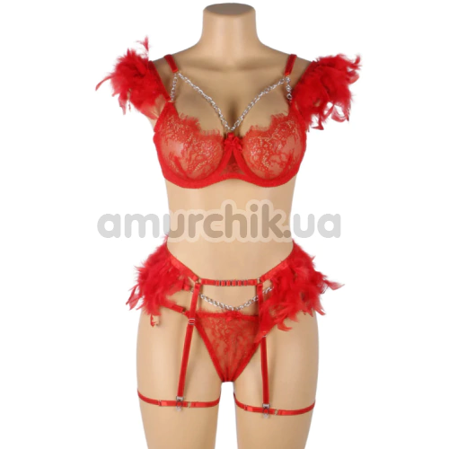 Комплект Star Night Sensual Feather & Chains, красный: бюстгальтер + трусики-стринги + пояс для чулок + гартеры