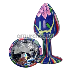 Анальная пробка с прозрачным кристаллом Alume Floral Metal Plug S, синяя - Фото №1
