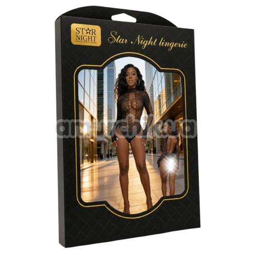 Боді Star Night Leopard Mesh Rhinestone Bodysuit, чорне