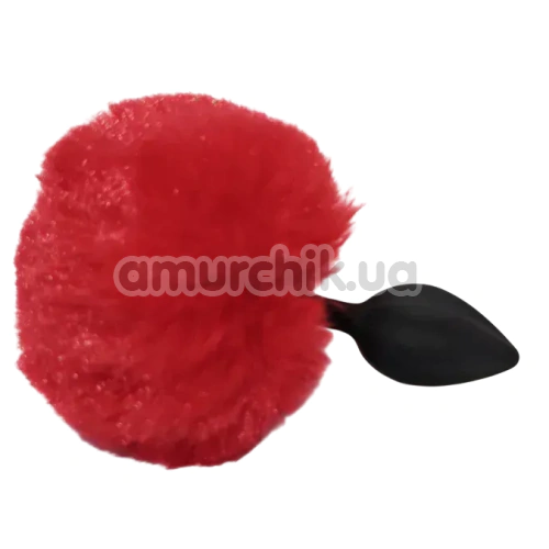 Анальна пробка з прозорим кристалом і червоним хвостиком Alume Silicone Plug With Tail S, чорна