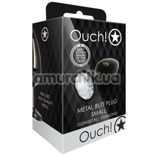 Анальна пробка з прозорим кристалом Ouch! Metal Butt Plug Small, чорна