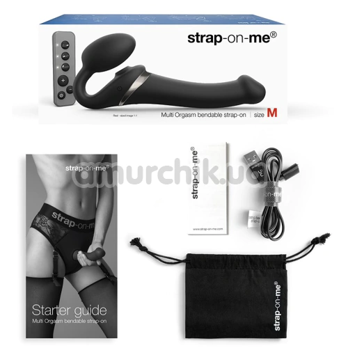 Безремневой страпон с вибрацией Strap-On-Me Multi Orgasm Bendable Strap-On M, черный