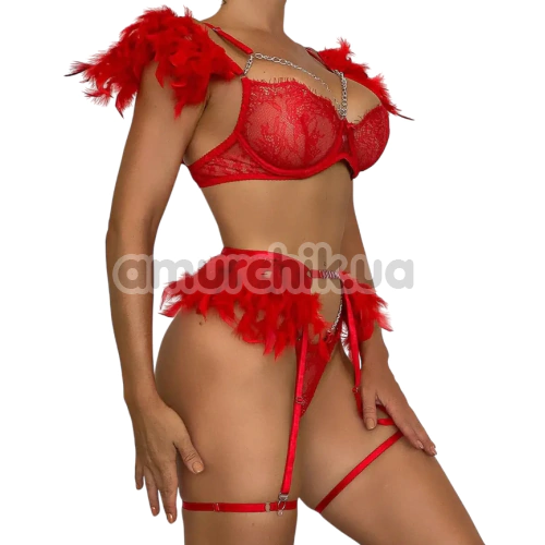 Комплект Star Night Sensual Feather & Chains, красный: бюстгальтер + трусики-стринги + пояс для чулок + гартеры
