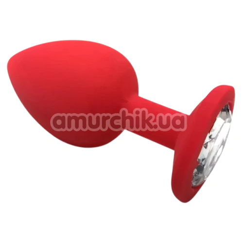 Анальная пробка с прозрачным кристаллом Silicone Anal Plug Round Medium, красная - Фото №1