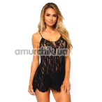 Комплект Leg Avenue Rose Lace Flair Chemise, чорний: пеньюар + трусики-стрінги - Фото №1