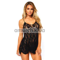 Комплект Leg Avenue Rose Lace Flair Chemise, черный: пеньюар + трусики-стринги - Фото №1
