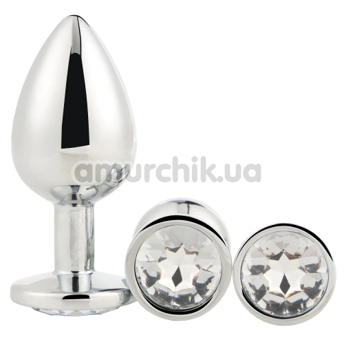 Набір із 3 анальних пробок з прозорим кристалом Gleaming Love Silver Plug Set, срібний