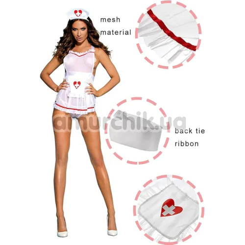 Костюм медсестры Sunspice 088, белый: платье + трусики-стринги + головной убор