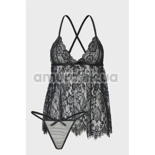 Комплект Leg Avenue Floral Lace Babydoll & String черный: комбинация + трусики-стринги