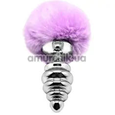 Анальная пробка с фиолетовым хвостиком Alive Anal Pleasure Metal Anal Fluffy Twist Plug L, серебряная - Фото №1