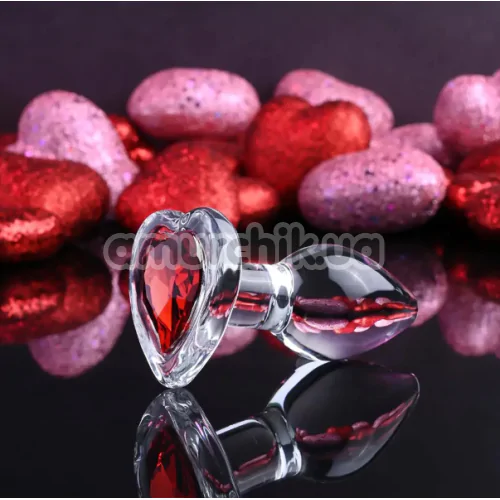 Анальная пробка с красным кристаллом Adam & Eve Red Heart Gem Glass Plug Small, прозрачная