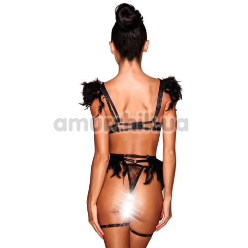 Комплект Star Night Sensual Feather & Chains, черный: бюстгальтер + трусики-стринги + пояс для чулок + гартеры