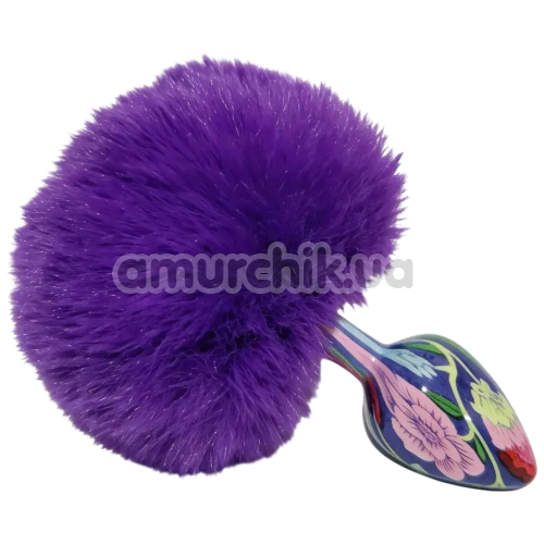 Анальна пробка з фіолетовим хвостиком Alume Floral Metal Plug With Tail S, синя