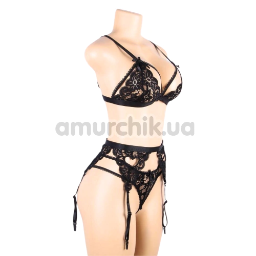 Комплект Star Night Lacie Heart Set, чорний: бюстгальтер + трусики-стрінги + пояс для панчіх