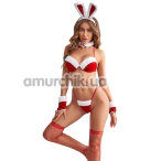 Костюм новогодний JSY Sexy Lingerie 8001, красный: бюстгальтер + трусики-стринги + ушки + перчатки + чулки - Фото №1