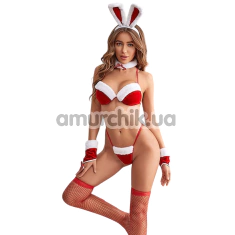 Костюм новорічний JSY Sexy Lingerie 8001, червоний: бюстгальтер + трусики-стрінги + вушка + рукавички + панчохи - Фото №1