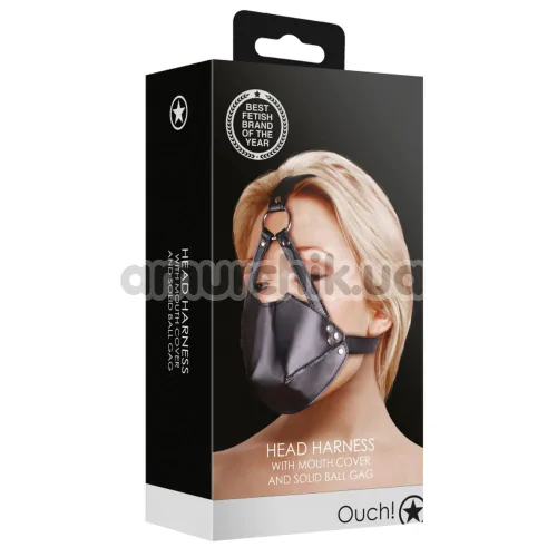 Маска с кляпом Ouch! Head Harness with Mouth Cover and Solid Ball Gag, черная