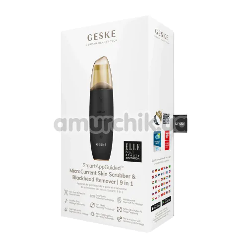 Микротоковый скрабер для кожи лица Geske MicroCurrent Skin Scrubber & Blackhead Remover 9 in 1, черно-золотой