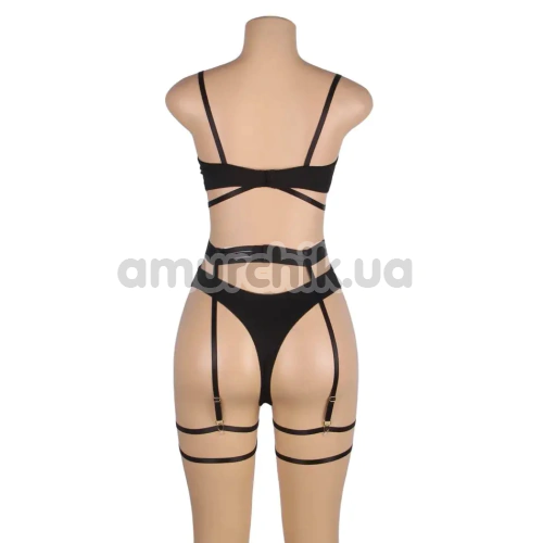Комплект Star Night Ring & Strap Set, черный: бюстгальтер + трусики-стринги + пояс для чулок