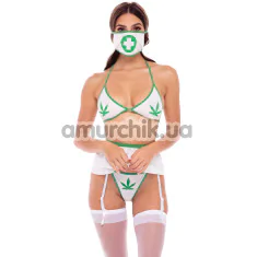 Костюм медсестры 4 Piece Mary Jane Sexy Set, бело-зеленый: бюстгальтер + трусики-стринги + пояс для чулок + маска на лицо - Фото №1