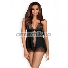 Комплект Obsessive Chiccanta Babydoll, черный: пеньюар + трусики-стринги - Фото №1