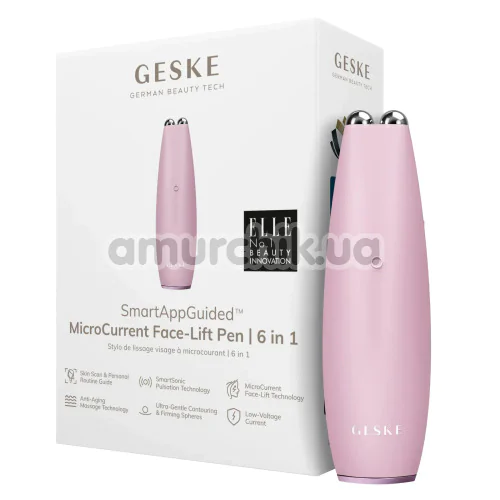 Микротоковая ручка для подтяжки кожи лица Geske MicroCurrent Face-Lift Pen 6 in 1, светло-розовая