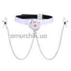 Кляп с зажимами для сосков DS Fetish Pacifier Gag Heart With Nipple Clamps, бело-серебряный - Фото №1
