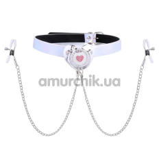 Кляп із затискачами для сосків DS Fetish Pacifier Gag Heart With Nipple Clamps, біло-срібний - Фото №1