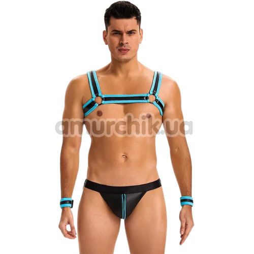 Комплект мужской Star Night Men's Set With Harness & Wrist Restraints, черно-голубой: портупея + трусы-джоки + фиксаторы для рук