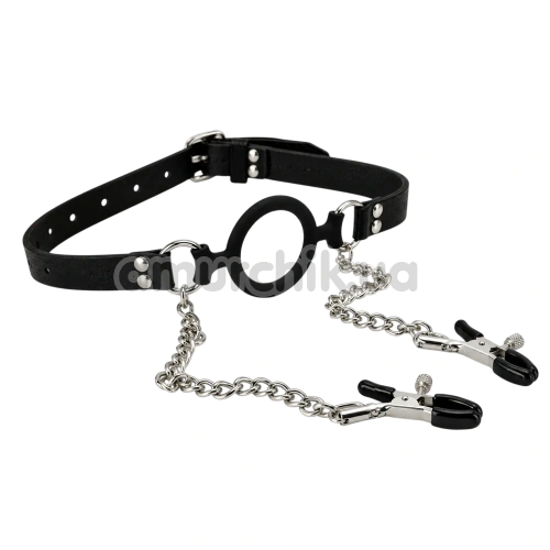 Кляп із затискачами для сосків DS Fetish Silicone Style Ring Gag, чорний