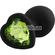 Анальна пробка з салатовим кристалом Silicone Jewelled Butt Plug Heart Small, чорна - Фото №1