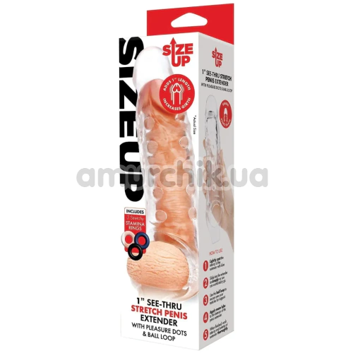 Насадка на пеніс Size Up 1 Inch See-Thru Stretch Penis Extender With Pleasure Dots & Ball Loop, прозора